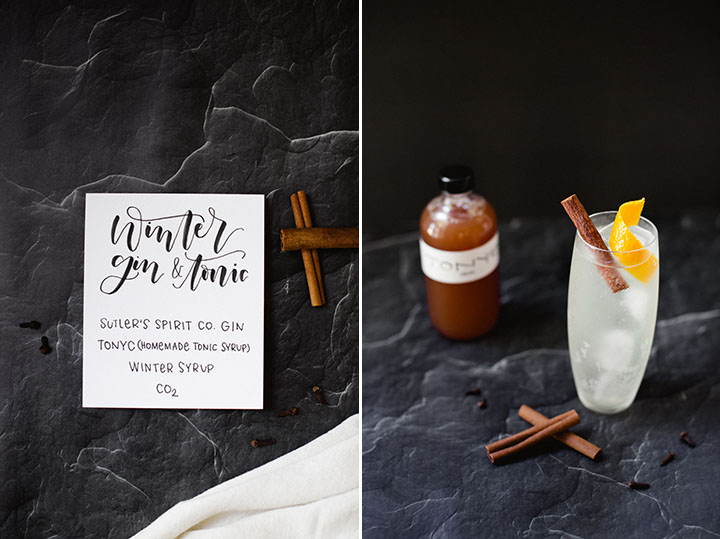 Four Unique Holiday Cocktail recipes for your next winter gathering by Reverie Cocktails and Amy Rae Co.  Winter Gin and Tonic, Bourbon Punch, Rye Manhattan, Vodka-sour Aperol.