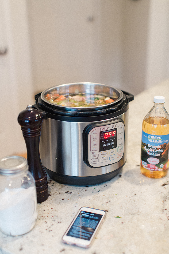 Instant Pot Bone Broth Immune Boosting Chicken Stock made easy without cooking all day.  Tips on storage and ideas to use your bone broth from Amy Rae + Co.