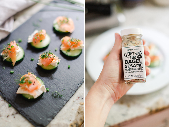 Make these fresh cucumber and salmon bites for a keto low-carb snack or appetizer using Everything But The Bagel Seasoning from Trader Joe's. 